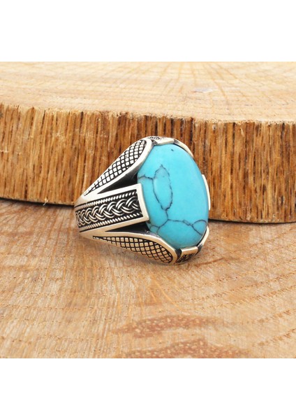 Gümüş Oval Turkuaz Firuze Taşlı Örgü Tasarım Erkek Yüzük modelleri