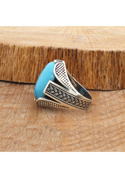 Gümüş Oval Turkuaz Firuze Taşlı Örgü Tasarım Erkek Yüzük fırsatları