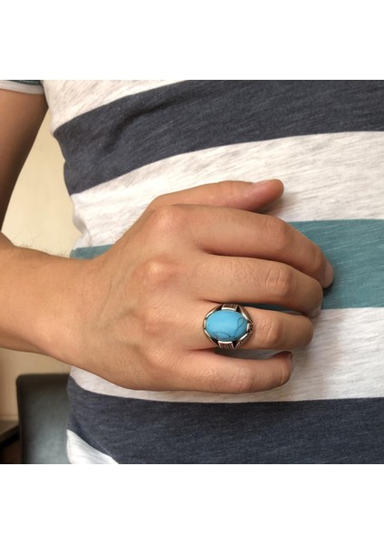 Gümüş Oval Turkuaz Firuze Taşlı Örgü Tasarım Erkek Yüzük indirimleri
