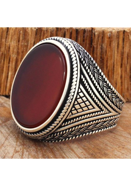 Örgü Tasarım Düz Kesim Akik Taşlı Gümüş Erkek Yüzük