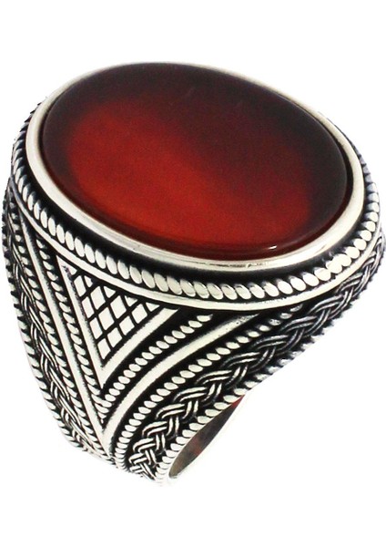 Örgü Tasarım Düz Kesim Akik Taşlı Gümüş Erkek Yüzük modelleri