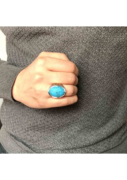 Gümüş Oval Turkuaz Firuze Taşlı Erkek Yüzük modelleri