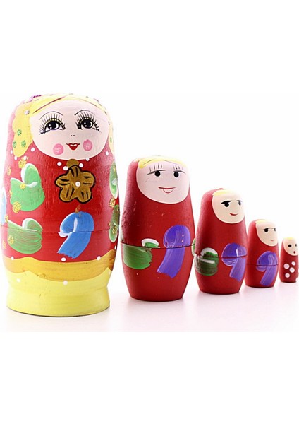 Deco Elit Ahşap Tombul Iç Içe Matruşka Bebek Kırmızı Set 5li Büyük Boy