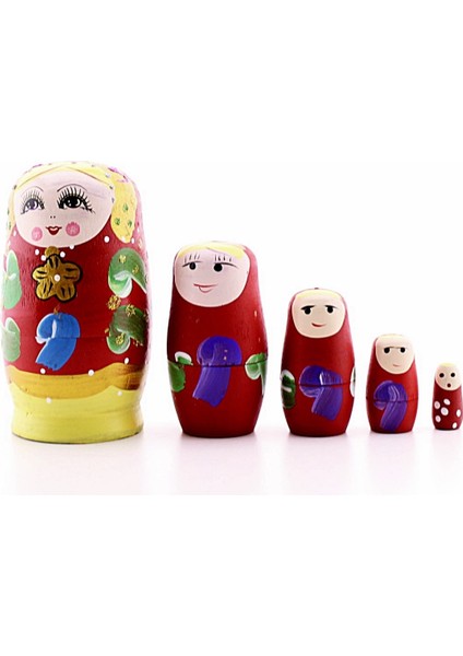 Deco Elit Ahşap Tombul Iç Içe Matruşka Bebek Kırmızı Set 5li Büyük Boy