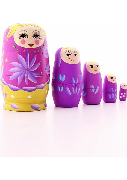 Deco Elit Ahşap Tombul Iç Içe Matruşka Bebek Pembe Set 5li Büyük Boy