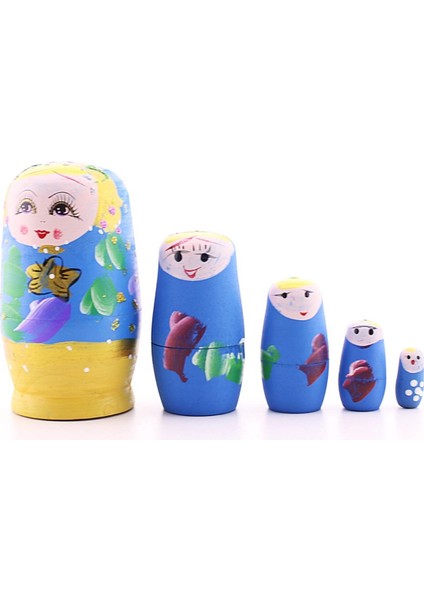 Deco Elit Ahşap Tombul Iç Içe Matruşka Bebek Mavi Set 5li Büyük Boy