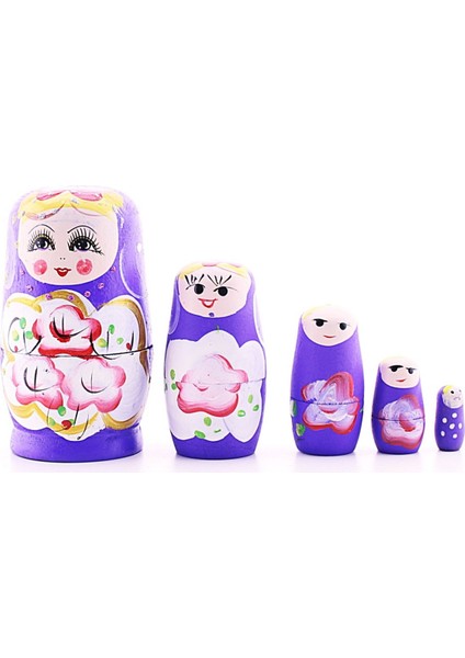 Deco Elit Ahşap Tombul Iç Içe Matruşka Bebek Mor Set 5li Büyük Boy