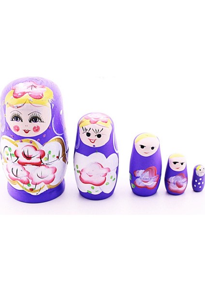 Deco Elit Ahşap Tombul Iç Içe Matruşka Bebek Mor Set 5li Büyük Boy