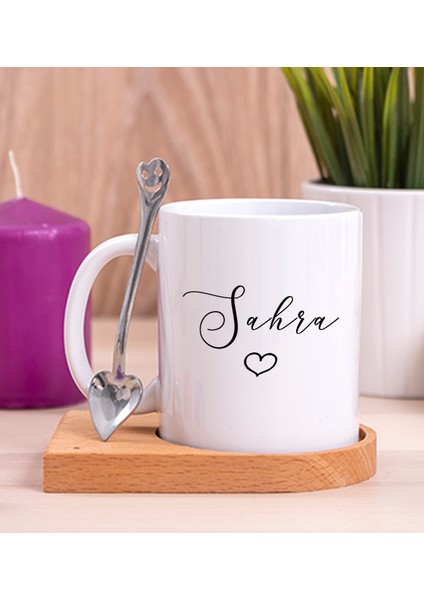 Kişiye Özel El Yazısı Tasarımlı Isimli Ahşap Altlıklı Beyaz Kupa Bardak