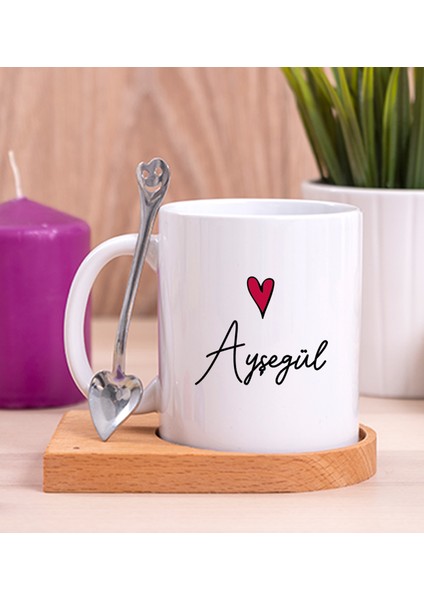 Kişiye Özel Isim Yazılı Minik Kalpli Ahşap Altlıklı Beyaz Kupa Bardak