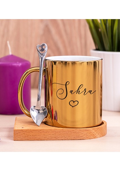 Kişiye Özel El Yazısı Tasarımlı Isimli Ahşap Altlıklı Gold Kupa Bardak