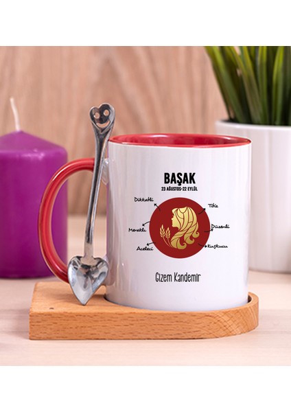 Kişiye Özel Başak Burcuna Hediye Ahşap Altlıklı Kırmızı Kupa Bardak