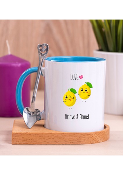 Kişiye Özel Sevimli Limonlar Ahşap Altlıklı Mavi Kupa Bardak