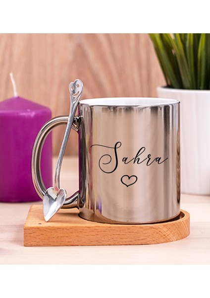 Kişiye Özel El Yazısı Tasarımlı Isimli Ahşap Altlıklı Silver Kupa Bardak