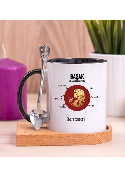 Kişiye Özel Başak Burcuna Hediye Ahşap Altlıklı Siyah Kupa Bardak