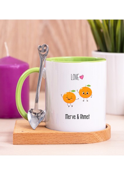 Kişiye Özel Sevimli Mandalinalar Ahşap Altlıklı Yeşil Kupa Bardak