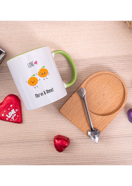 Kişiye Özel Sevimli Mandalinalar Ahşap Altlıklı Yeşil Kupa Bardak fiyatları