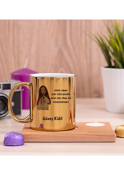 Kişiye Özel Sen Onu Da Soğutursun Esprili Ahşap Altlıklı Mumlu Gold Kupa Bardak