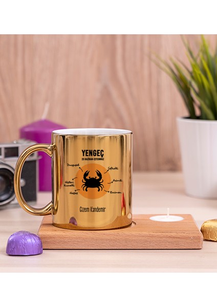 Kişiye Özel Yengeç Burcuna Hediye Ahşap Altlıklı Mumlu Gold Kupa Bardak