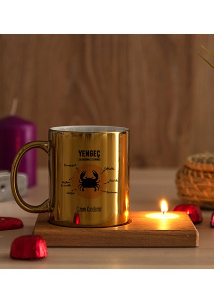 Kişiye Özel Yengeç Burcuna Hediye Ahşap Altlıklı Mumlu Gold Kupa Bardak fiyatları
