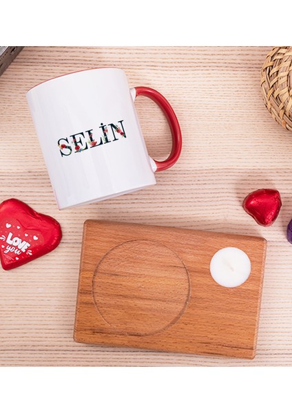 Kişiye Özel Çiçek Harf Tasarım Isim Yazılı Ahşap Altlıklı Mumlu Kırmızı Kupa Bardak modelleri
