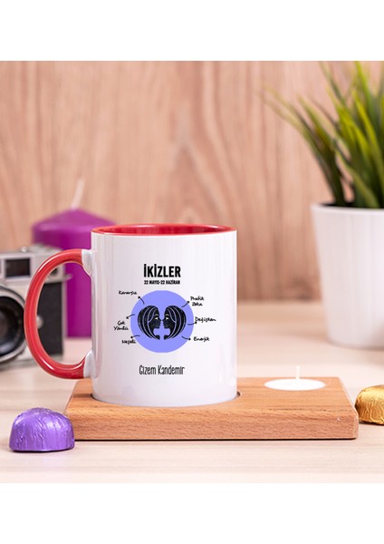 Kişiye Özel Ikizler Burcuna Hediye Ahşap Altlıklı Mumlu Kırmızı Kupa Bardak