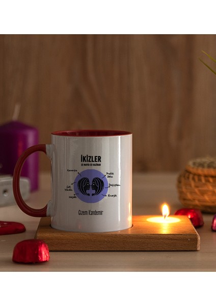 Kişiye Özel Ikizler Burcuna Hediye Ahşap Altlıklı Mumlu Kırmızı Kupa Bardak fiyatları