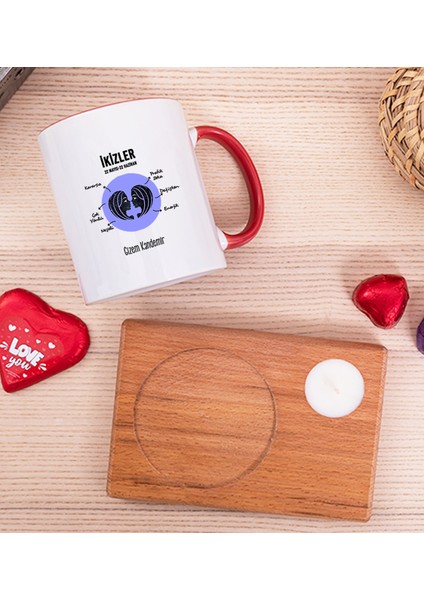 Kişiye Özel Ikizler Burcuna Hediye Ahşap Altlıklı Mumlu Kırmızı Kupa Bardak modelleri