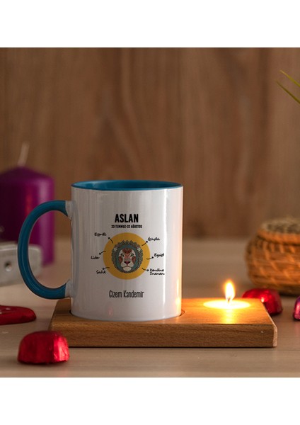Kişiye Özel Aslan Burcuna Hediye Ahşap Altlıklı Mumlu Mavi Kupa Bardak