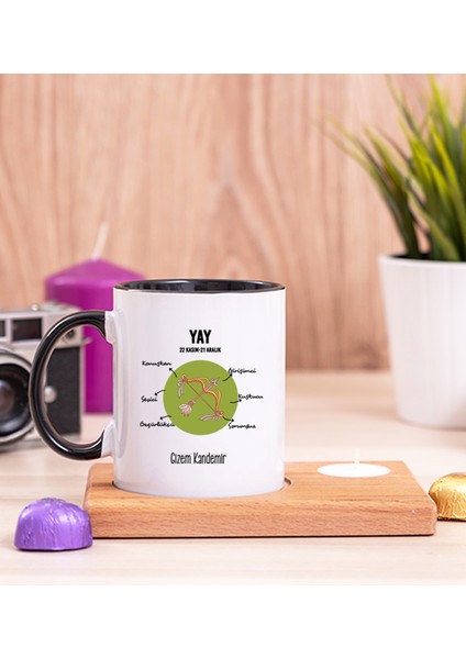 Kişiye Özel Yay Burcuna Hediye Ahşap Altlıklı Mumlu Siyah Kupa Bardak