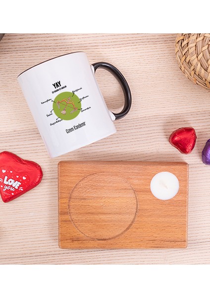 Kişiye Özel Yay Burcuna Hediye Ahşap Altlıklı Mumlu Siyah Kupa Bardak modelleri