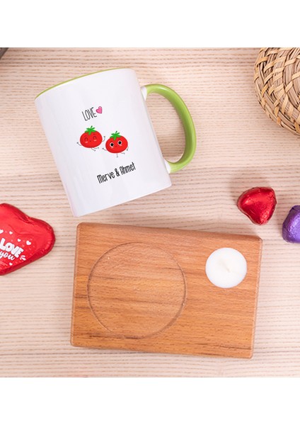 Kişiye Özel Sevimli Domatesler Ahşap Altlıklı Mumlu Yeşil Kupa Bardak modelleri