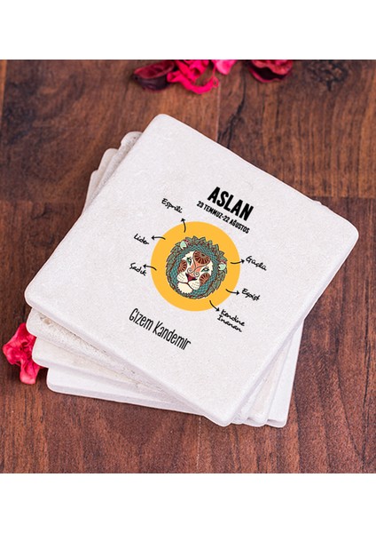 Kişiye Özel Aslan Burcuna Hediye Taş Bardak Altlığı