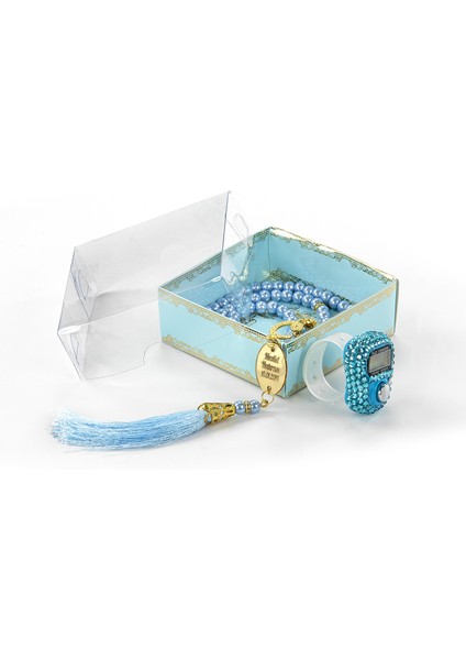 İsme Özel Pleksili Inci Tesbihli Zikirmatikli Set Mavi Renk fiyatları