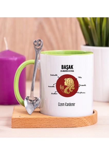 Kişiye Özel Başak Burcuna Hediye Ahşap Altlıklı Yeşil Kupa Bardak