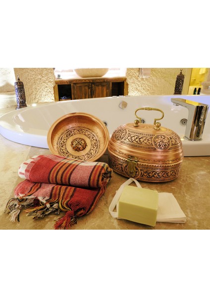 Bakır Hamam Seti Oyma Nakış İşlemeli Mat Bakır Renk