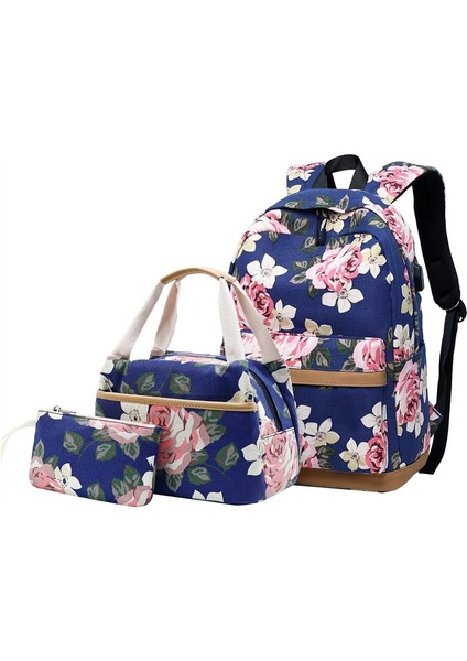 Çiçek Desenli Çanta Seti Mavi (Yurt Dışından) modelleri