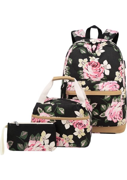 Çiçek Desenli Çanta Seti Siyah (Yurt Dışından)