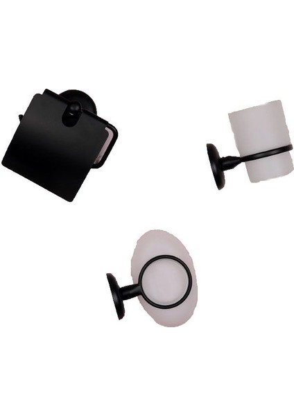 Banyo Aksesuarı 3'lü Set Tuvalet Kağıtlıgı +Sabunluk + Diş Fırçalık Siyah