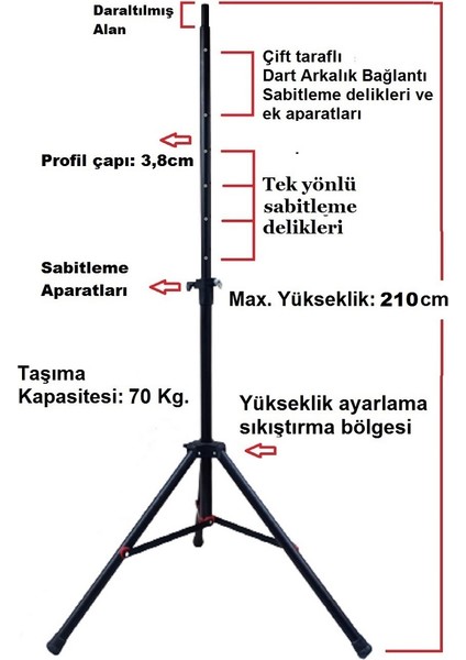 Tripod Hoparlör Amfi Dart Ayaklı Stand 70 kg / 120-210 cm Yükseklik.