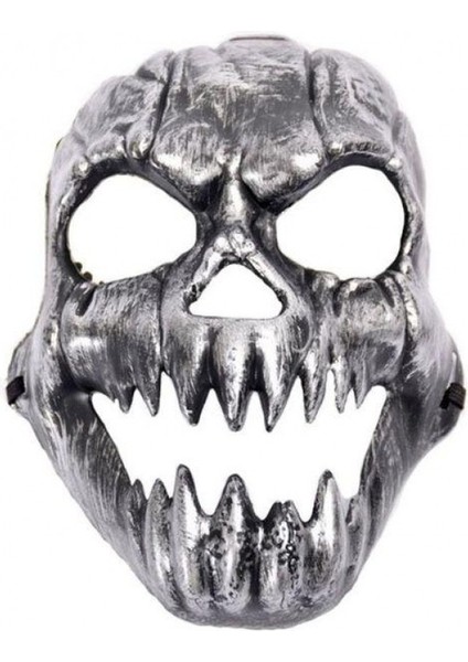 Sivri Dişli Halloween Kafatası Maskesi Gümüş Renk