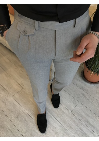 Italyan Stil Slim Fit Erkek Pileli Kumaş Pantolon Gri T5286