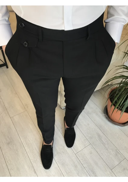 Terzi Adem Italyan Stil Slim Fit Erkek Pileli Kumaş Pantolon Siyah T5287