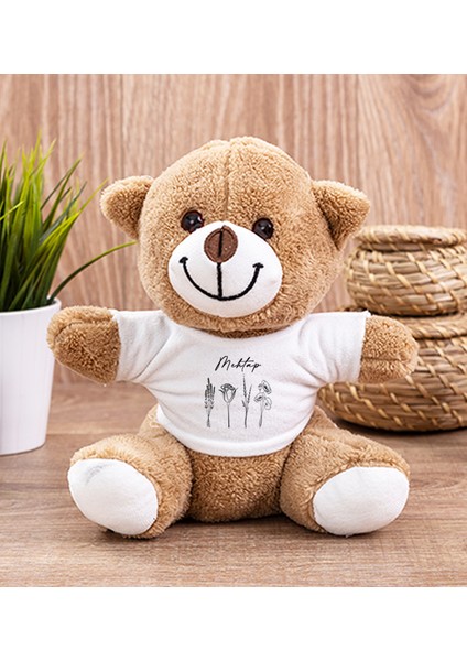 Kişiye Özel Karakalem Çizimli Çiçekler Peluş Ayıcık