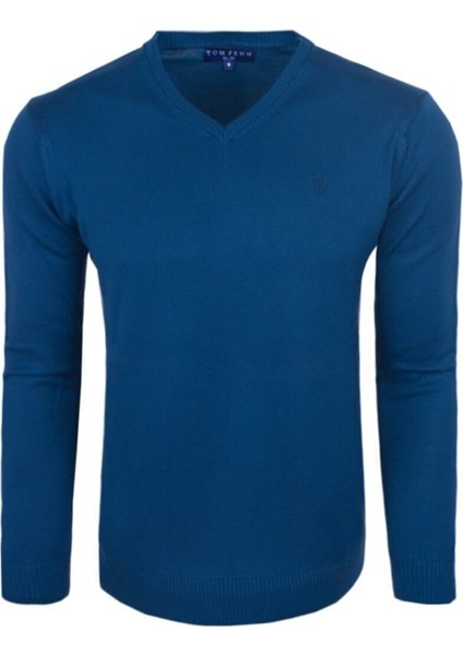 Erkek V Yaka Triko Kazak Mavi Regular Fit Pamuklu, OT-KZK-20003