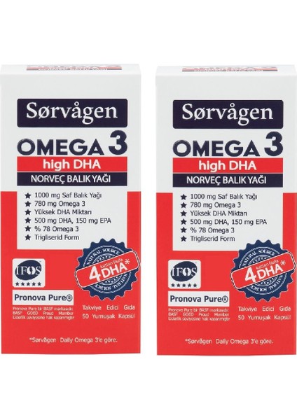 Omega 3 High Dha Saf Norveç Balık Yağı, 50 Kapsül, 1000 Mg - 2 Adet