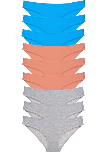 9 Adet Süper Eko Set Likralı Kadın Slip Külot Pudra Gri Mavi