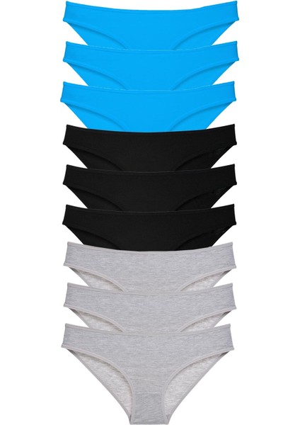 9 Adet Süper Eko Set Likralı Kadın Slip Külot Siyah Gri Mavi