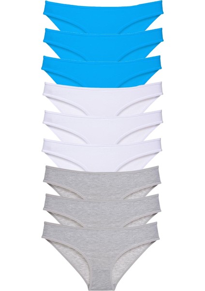 9 Adet Süper Eko Set Likralı Kadın Slip Külot Gri Beyaz Mavi