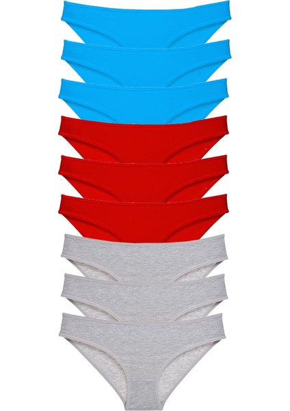 9 Adet Süper Eko Set Likralı Kadın Slip Külot Kırmızı Gri Mavi